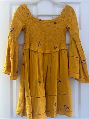Mustard Yellow Smocked Boho Dress with Floral Embroidery